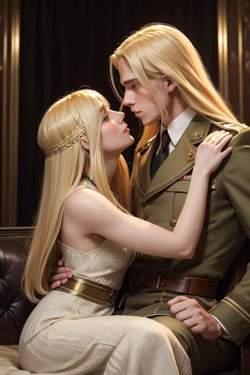 Blonde man with waist-length hair who is a soldier and blonde woman with long hair who is a 1920s couple in a gripping situation where they are both having a fiery moment kissing and touching each other