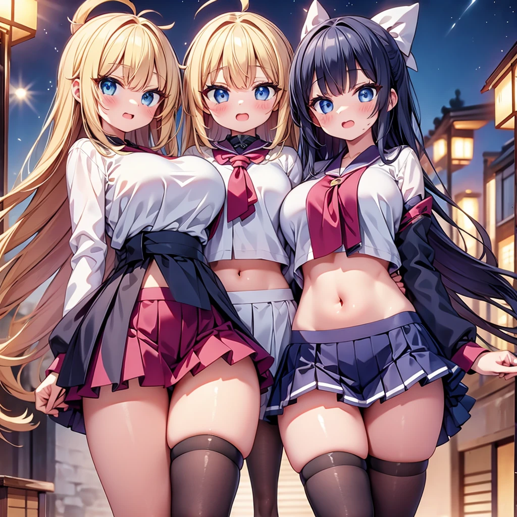 (cute eyes:1.2), (sparkling eyes:1.2), highest quality,wonderful,finely,extremely detailed CG Unity 8K wallpaper, (Stand in line:1.2), (3 girls, cute eyes, japanese miko, clothed), (huge breasts), (Underboob:1.2), (midriff peek:1.3), (open mouth:1.1), (long tongue:1.1), (mouth drool:1.1), (black stockings:1.1),(Thighs:1.2),(Waistline:1.2)