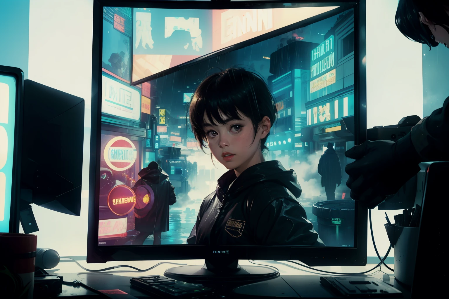 ((highest quality)), ((masterpiece)), (be familiar with), (High definition), (Accurate), (Realistic), (Cinematic), (Best Shadow), (Low contrast), (8K), Perfect Face, ((SYD MEAD style)), manga、mangaデザイン、Storyboard、Panel layout、(Woman looking at a large monitor), (Replicant), (Replicant), ((Black Hair, very short hair, Blue Eyes)), (Black hooded raincoat), (The monitor shows an image of myself)、Glittering neon signs、congestion, congestion, Decadent Future City, NEO TOKYO, A.D.2051, (steam:1.2), It's raining white, evening, 
