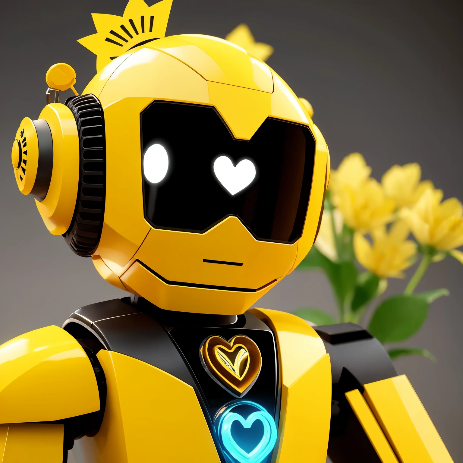 Yellow robot logo with flowers on the head with the heart in the hand 3d mascot