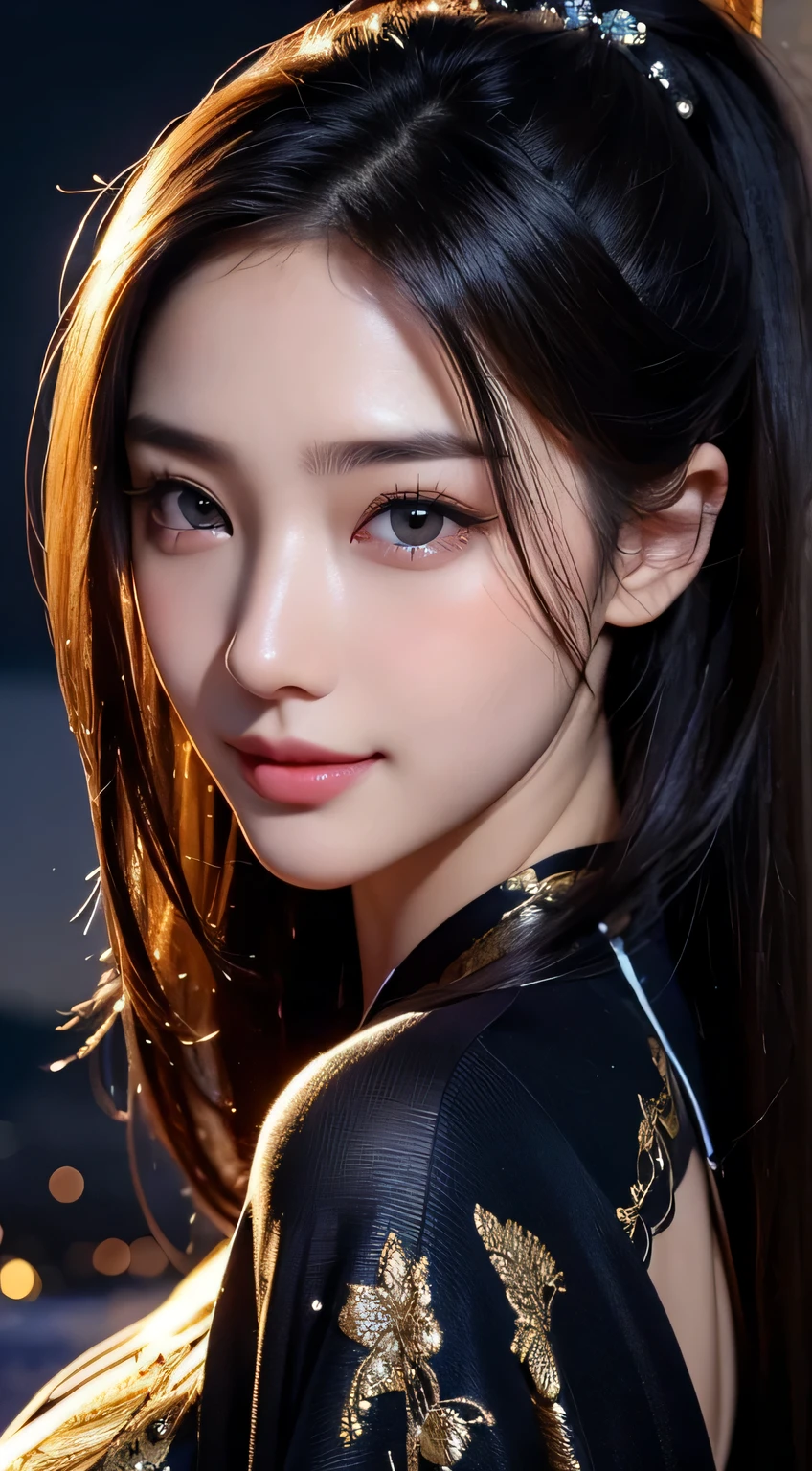 Beautiful woman in kimono，body portrait、8k，fine and beautiful eyes，Dindal effect、masterpiece, 最high quality, high quality, High resolution、very detailed photos、(natural skin texture、fine skin、hyper realism、Super sharpness)、high detail skin、(very detailed、fine skin texture、intricate details、beautiful face、(lifelike face)、realistic eyes、beautiful and detailed eyes、real looking skin、beautiful skin、surreal、very detailed、golden ratio、with smiling eyes、((night moonlight background))、body portrait、G cup、big breasts,glamorous,shiny bodysuit