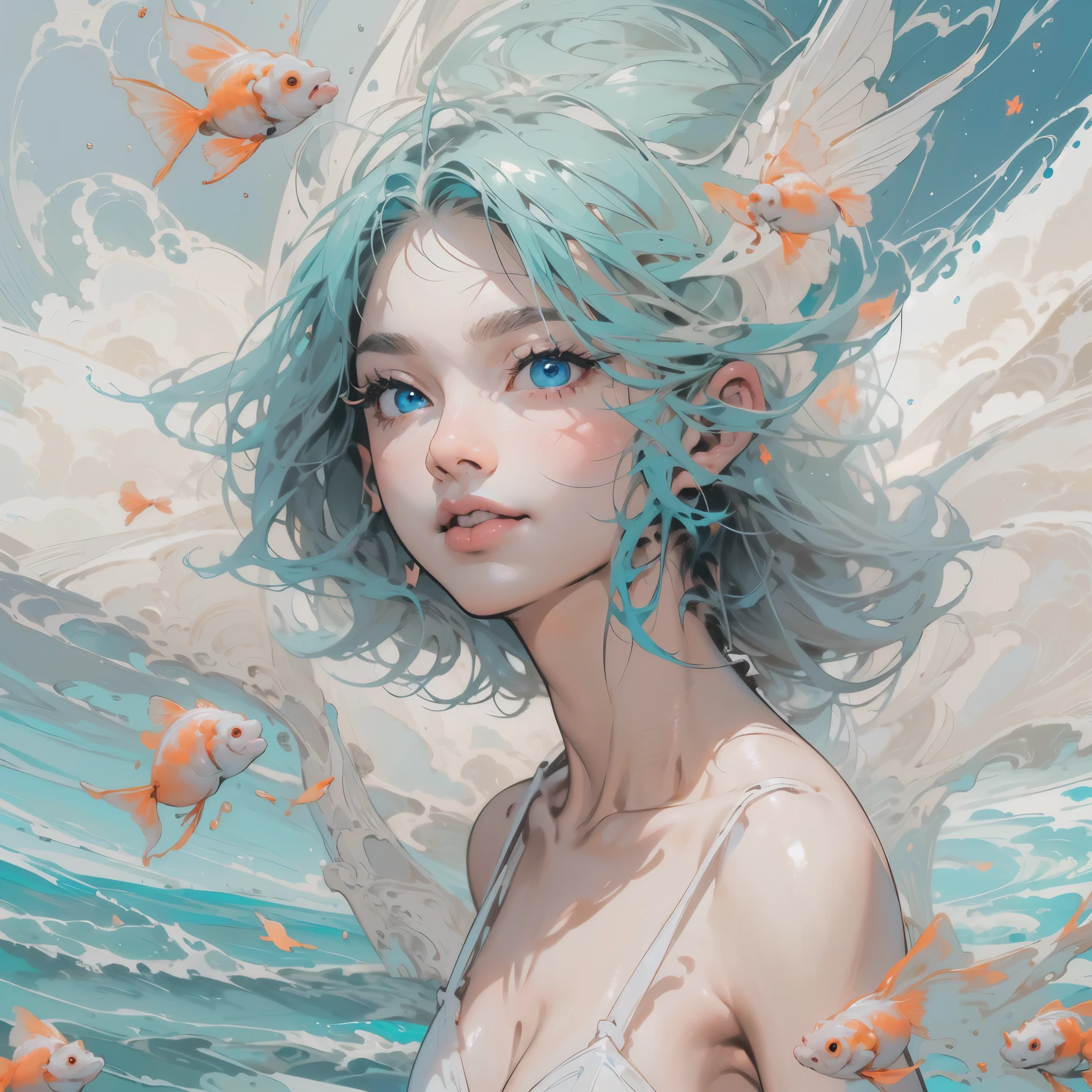((Boris Vallejo style), (1 one girl, full body)), 🌺.((age girl,girl,Rebellious girl)),((Slim sexy girl)),(cute small breasts), (full body photo: 1.2).((smile))、((Cleavage completely exposed))、(very short hair), (full body,( A who is a change:1.3)), (masterpiece, angel, angel wings, simple halo:1.23 ), (aqua hair, long hair, blue eyes, twinkling eyes:1.18), (Dynamic angle, cinematic lighting, depth of field:1.08), (fantasy, happy, focus only, simple background, (look through:0.85) . ((seascape, white clouds, blue sky), (shells, goldfish)), ((beach)), ((lip gloss, eyelashes, glossy face, glossy skin)), ((Best quality, Natural shading , K-pop idol)).