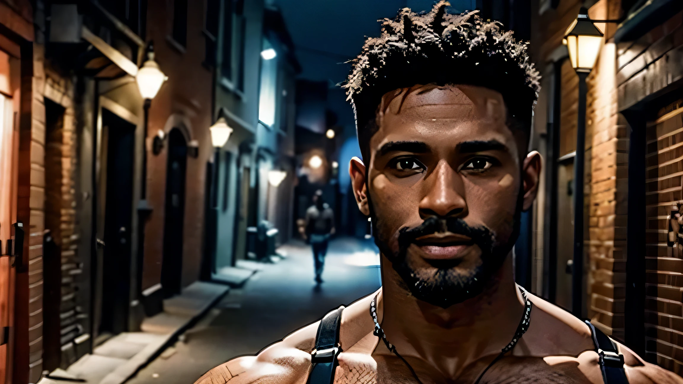 2 BEAUTIFUL BLACK MEN AROUND 40 YEARS OLD SHIRTLESS WITH FACIAL HAIR AND HAIRY CHEST SHORT HAIR WEARING JEANS IN A DARK ALLEY