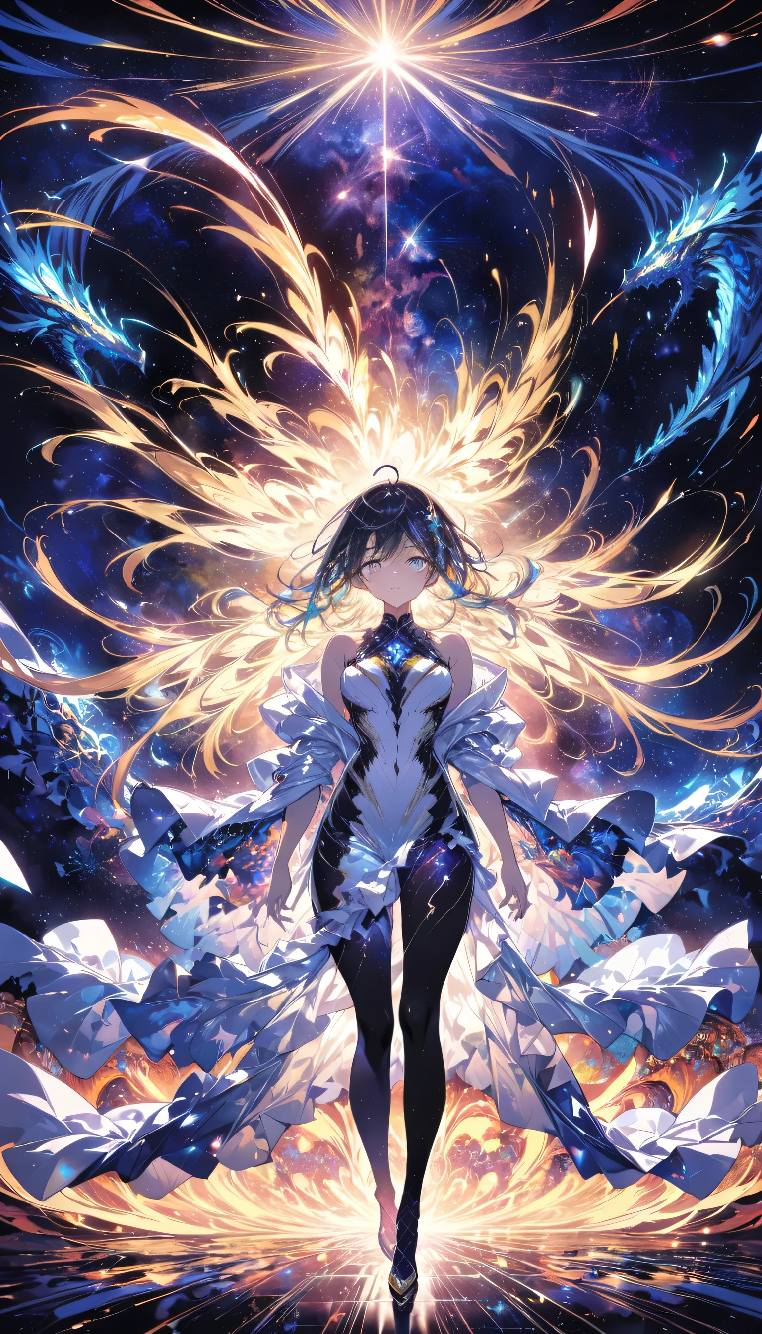 (masterpiece, highest quality, highest quality, Official Art, beautifully、aesthetic:1.2), (One girl), Highly detailed eyes, (Fractal Art:1.3), colorful, Most detailed, (Perfect Face), Shiny skin, High resolution, (White cloak, golden lines:1.2), Milky Way, (Streaks of Light), Impressive visuals, (Dynamic stripes, Light trail:1.2), Vibrant colors, (Phoenix), (Dragon)
