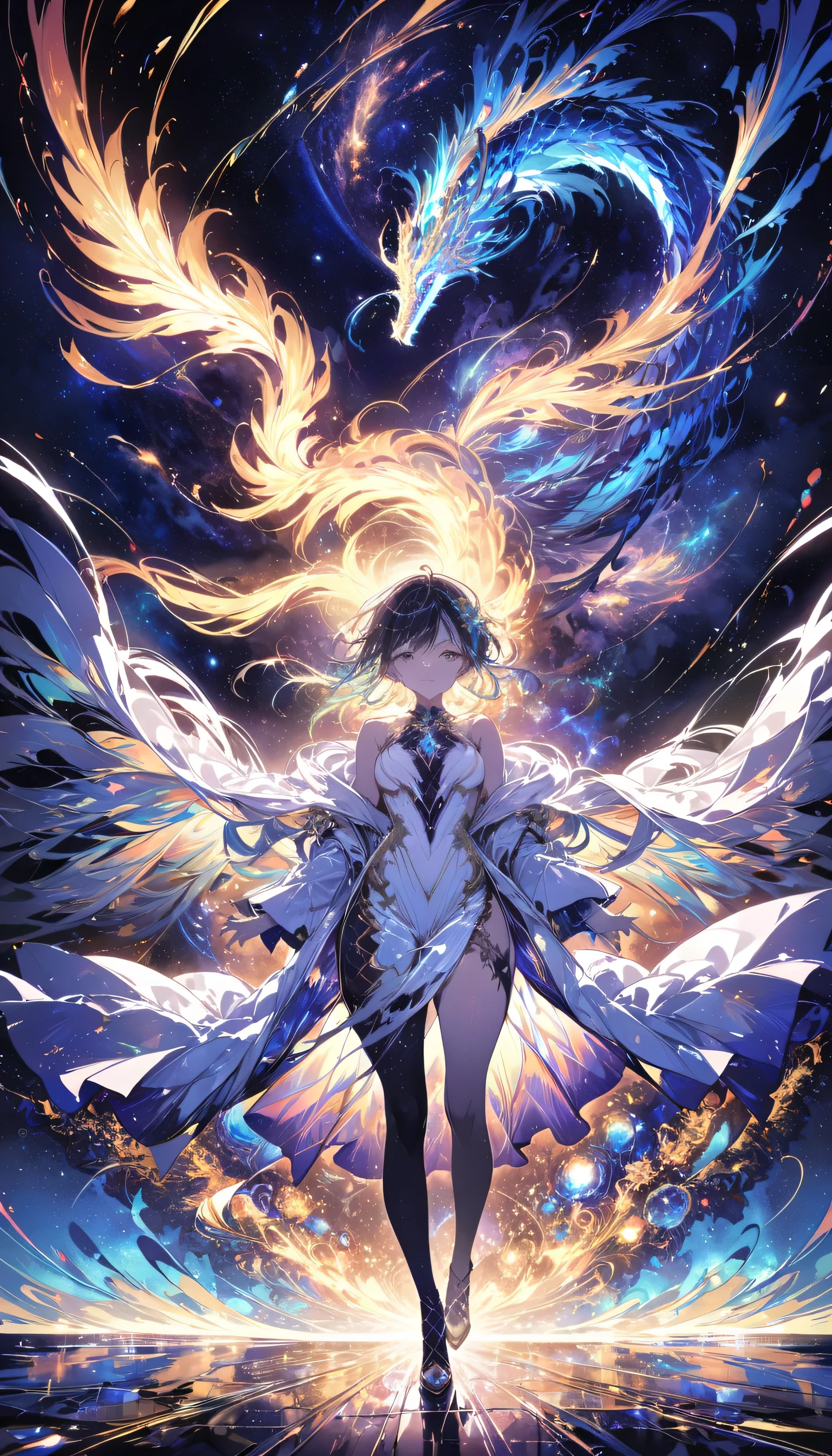 (masterpiece, highest quality, highest quality, Official Art, beautifully、aesthetic:1.2), (One girl), Highly detailed eyes, (Fractal Art:1.3), colorful, Most detailed, (Perfect Face), Shiny skin, High resolution, (White cloak, golden lines:1.2), Milky Way, (Streaks of Light), Impressive visuals, (Dynamic stripes, Light trail:1.2), Vibrant colors, (Phoenix), (Dragon)