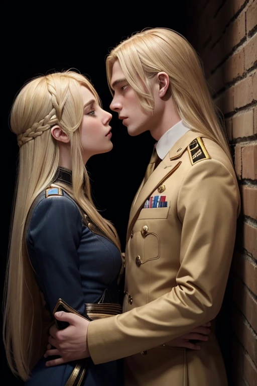 Blonde man with waist-length hair who is a soldier and blonde woman with long hair who is a 1920s couple in a gripping situation where they are both having a fiery moment kissing and touching each other