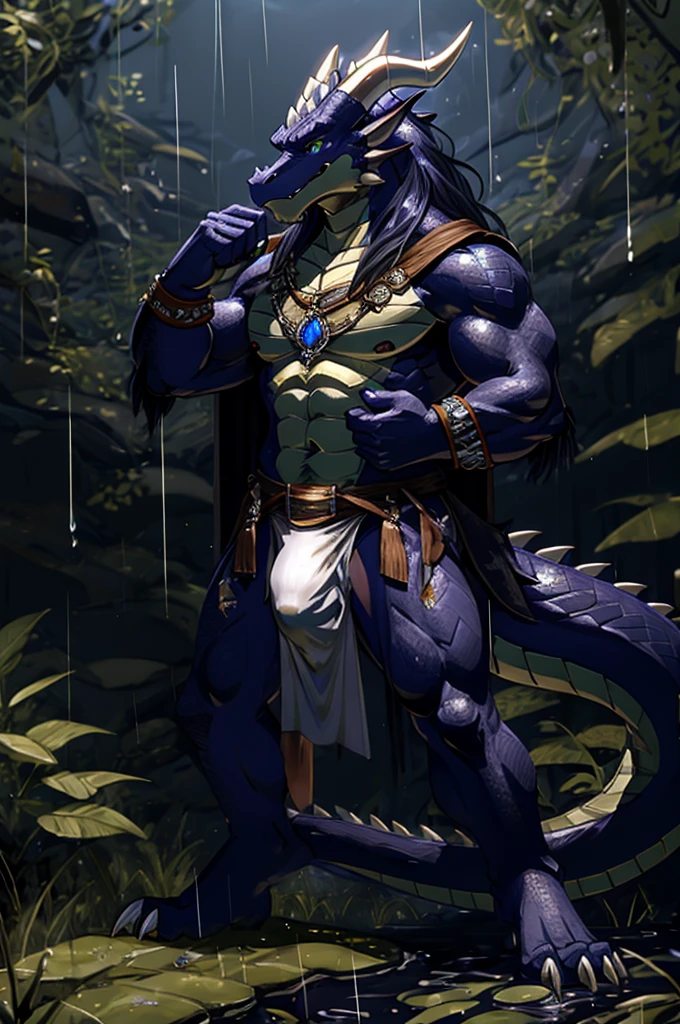 A dragon with sapphire-like scaleythical Creatures、Sapphire-colored, eagle-like face、Sapphire beak、A clear, silvery, shaggy mane、A lot of horns、very small face、Crying expression、So many tears、Big green anime eyes、Crocodile-like scales、Very long black pubic hair、drunken look、Reddish face、A very large amount of drool coming out of the mouth、Sharp Fangs、Upright pose、Thick tail、swamp background、Rainy weather、A huge bulge in the crotch loincloth、White loincloth between the legs、Dragon's claws、Sharp Claws、A composition that captures the whole body