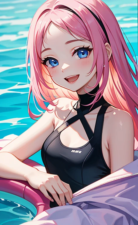 (masterpiece:1.4、top-quality、illustration:1.4,realistic、)、(character focus、breast focus,upper body:1.3)、(1girl),(Open mouth happy smile:1.3),(half closed eyes),cute face,blue eyes、()、
,(stand:1.4),(Shining smile),
,(slender),(black high neck halter swimsuit:1.3),(pink long hair:1.6,forehead:1.3), (small breasts:1.3)、
、slender、pool,、