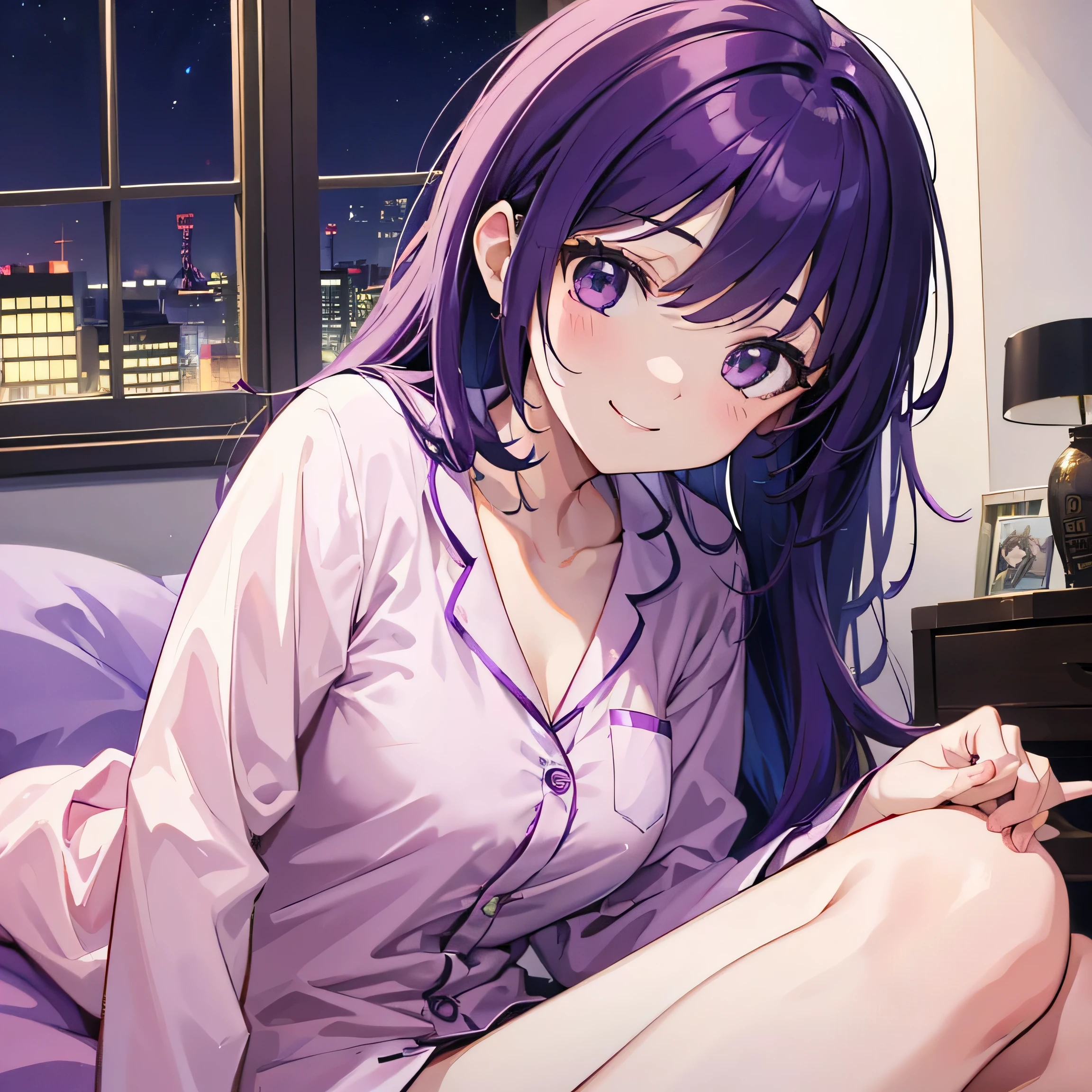 (T Masterpiece,4k wallpaper,Best Quality))、((girl1people))、(solo)、Bright and Brilliant,(Purple Hair)、(Shortcuts:1.3)、smile、Bedroom、pajamas、night