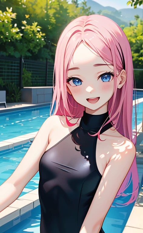 (masterpiece:1.4、top-quality、illustration:1.4,realistic、)、(character focus、breast focus,upper body:1.3)、(1girl),(Open mouth happy smile:1.3),(half closed eyes),cute face,blue eyes、()、
,(stand:1.4),(Shining smile),
,(slender),(black high neck halter swimsuit:1.3),(pink long hair:1.6,forehead:1.3), (small breasts:1.3)、
、slender、pool,、