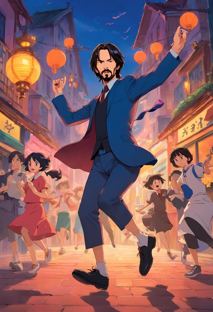 John Wick,John Wick dancing in "Kiki's Delivery Service", by Studio Ghibli,Illustration by Hayao Miyazaki,,starring Keanu Reeves,