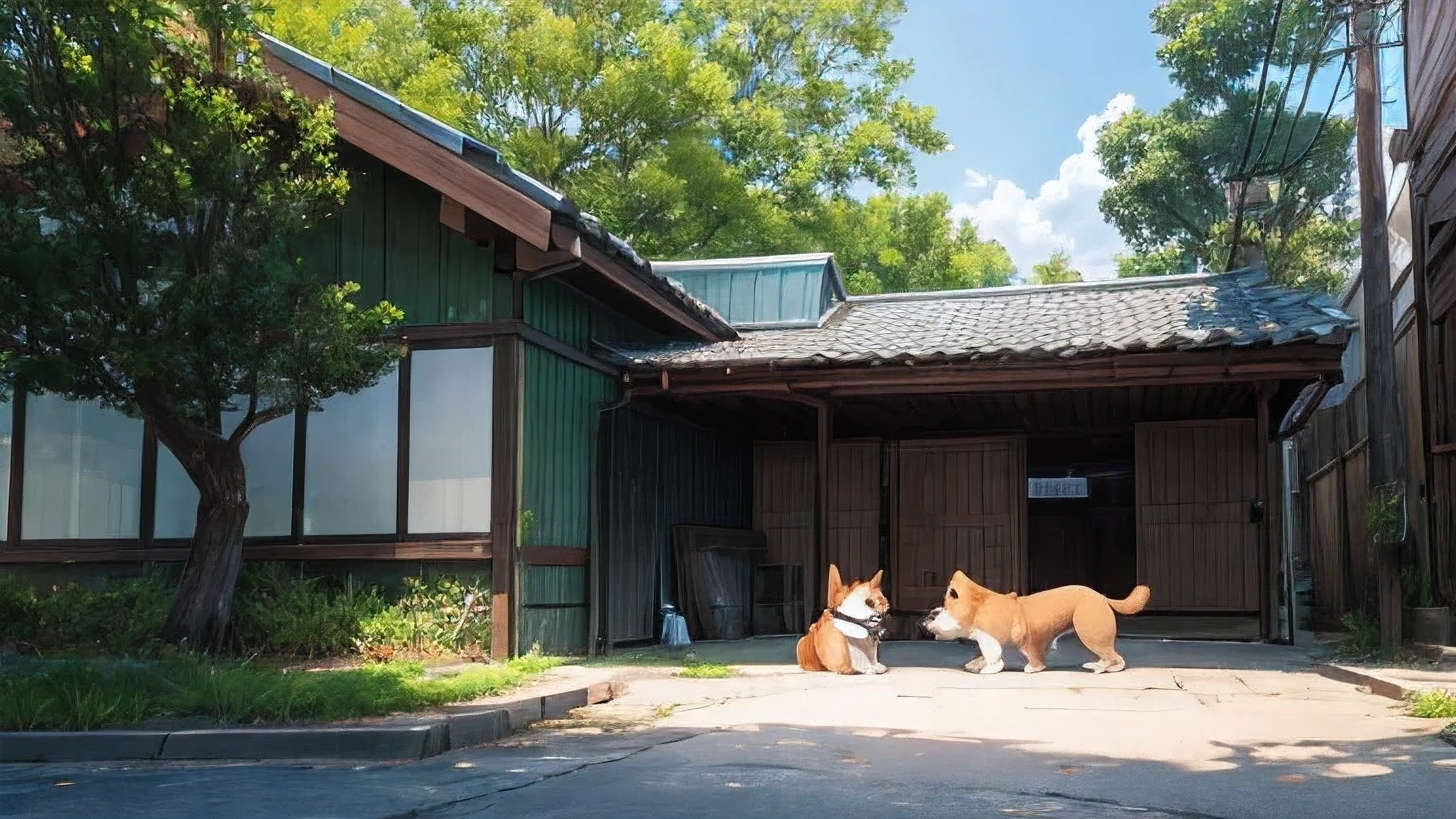 Background is green outdoor environment,There is a cute dog on the left looking at you(Proportion 2:1),The protagonist is a dog,Focus on it