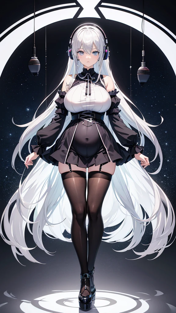 "Anime Girl, 1 person, Silver hair mixed with black, blue eyes, put on headphones, woman shirt, woman ,Tights, Stand cross-legged, gothic ta、whole body ,Solitary, (Full HD 4K+ image)",(Pregnant,Huge breasts:1.8)