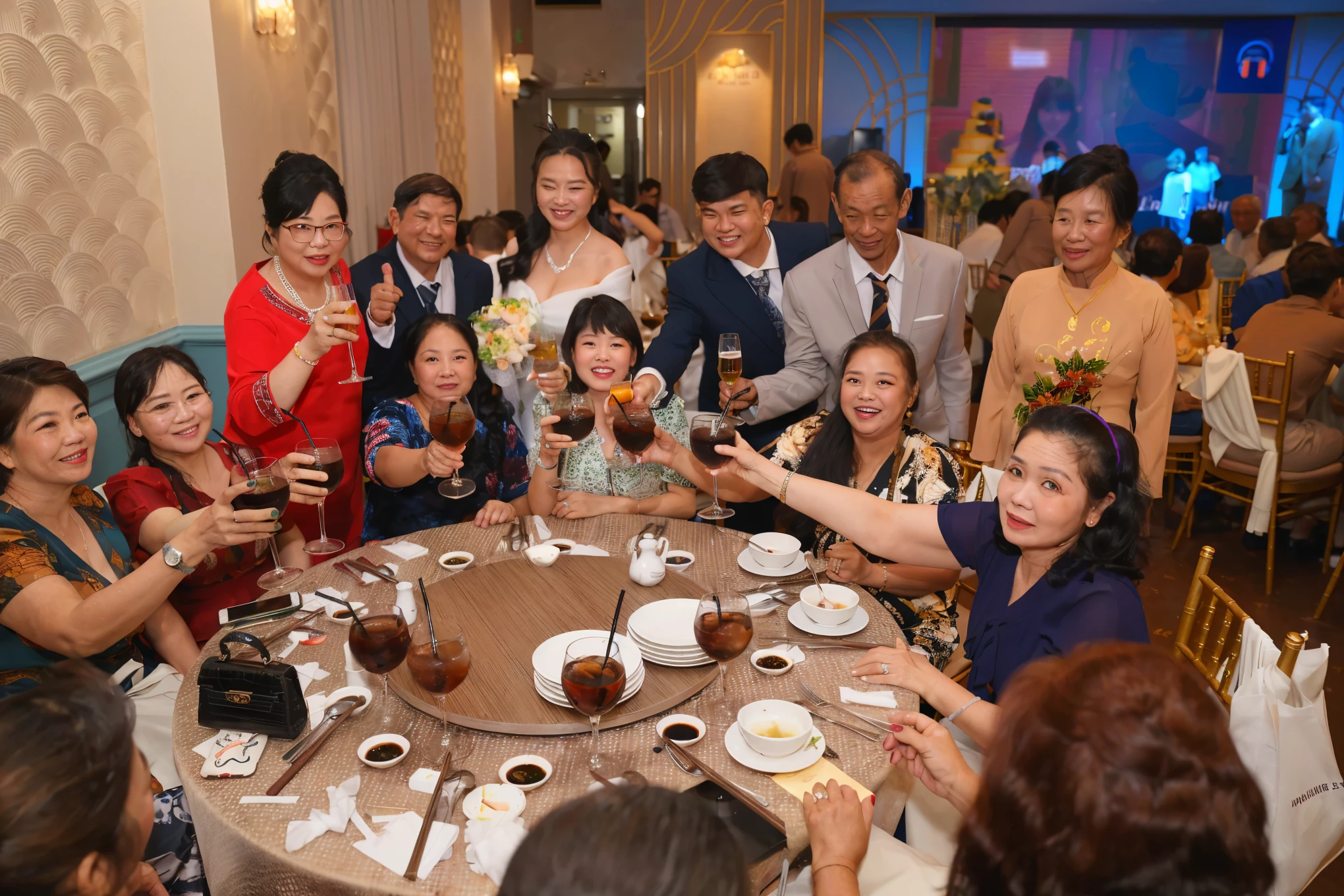 several people are sitting around a table with drinks and food, everyone having fun, event photography, group photo, evening, photo taken in 2 0 2 0, in style of lam manh, ao dai, 278122496, celebration, wedding, lifestyle, 2506921471, grand!, wining