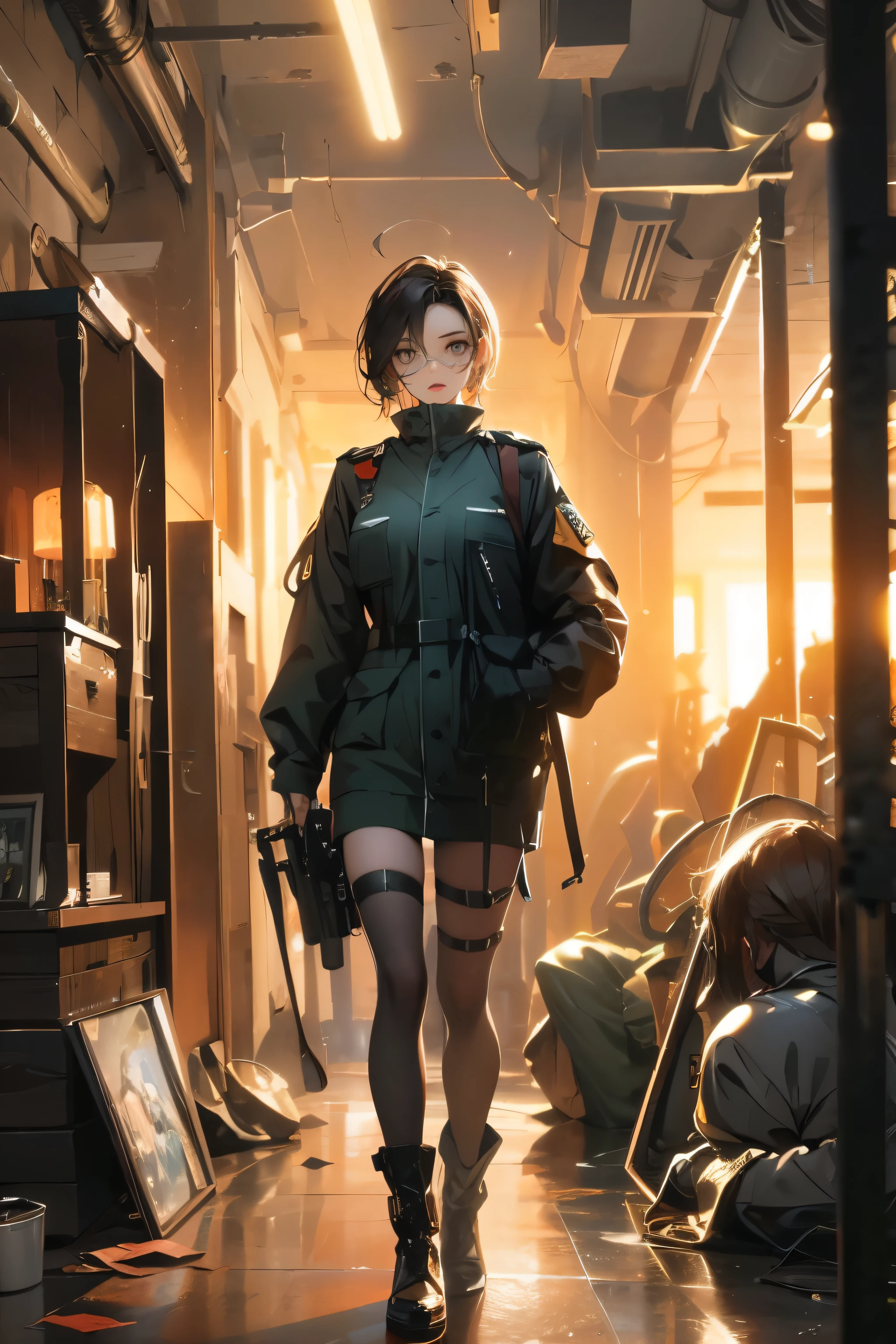 Wide angle, full body image, a pretty girl messenger, wearing large glasses, undercut hair, wearing postal uniform, in a post-apocalyptic world