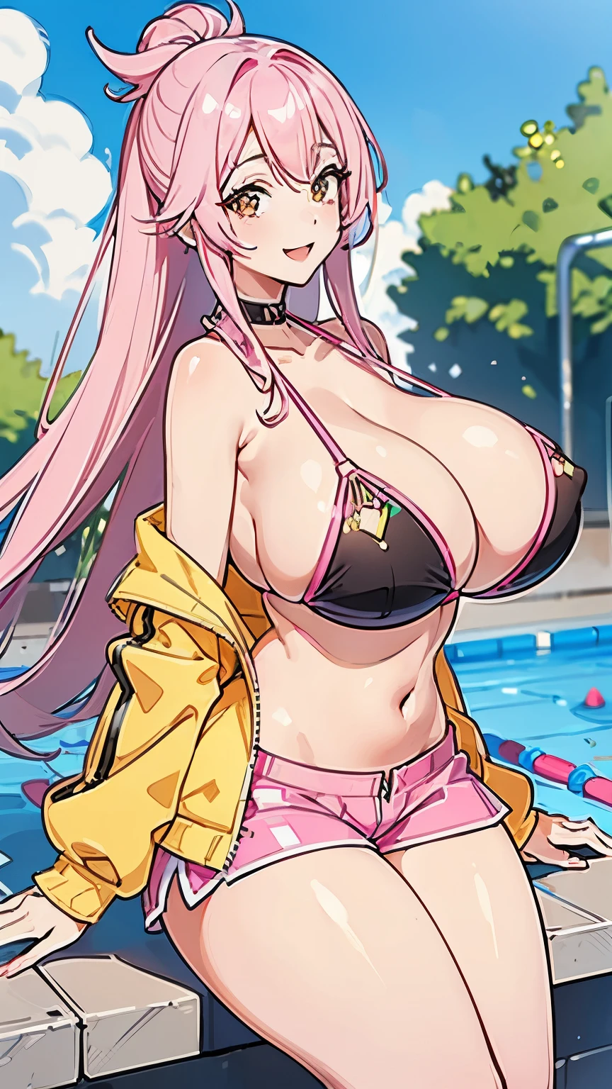Fresh Idol Girl, whole body, Good style, Fluorescent pink checkered tight shorts costume, Cute yellow jacket, A pool filled with lots of fruit, (????????????????:1.3), curvy body, smile,
