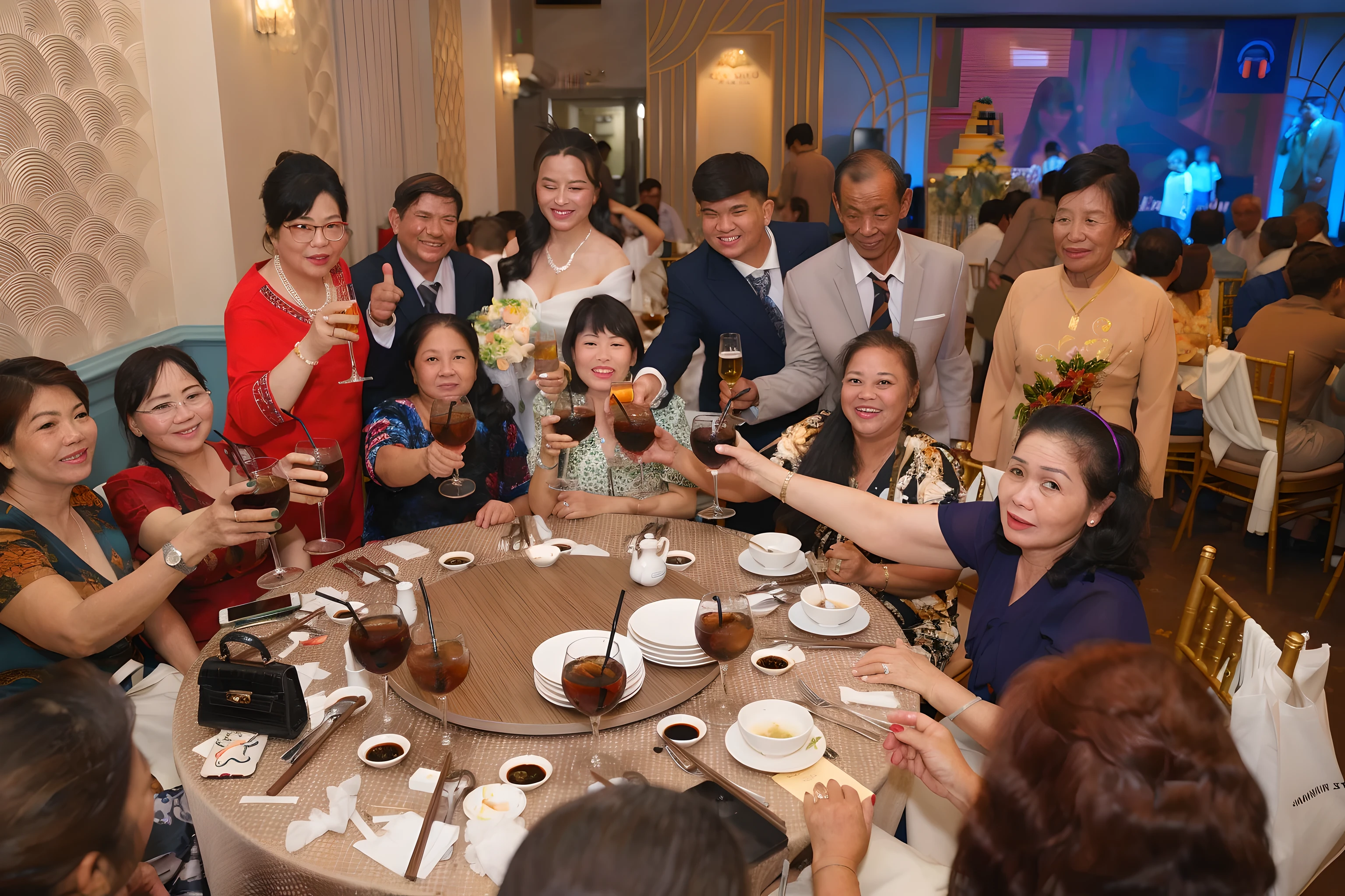 several people are sitting around a table with drinks and food, everyone having fun, event photography, group photo, evening, photo taken in 2 0 2 0, in style of lam manh, ao dai, 278122496, celebration, wedding, lifestyle, 2506921471, grand!, wining