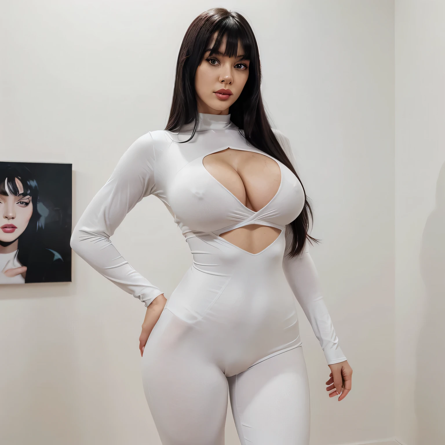 A beautiful hyperreal woman who represents Sailor Moon. Black hair, very big breasts, giant butt, tiny waist. Her face has Japanese anime features. She has long straight black hair down to her waist. Bangs: She has short, blunt bangs that frame her face and curve to the sides. She wears a vibrant red, skin-tight lycra jumpsuit that clings to every curve, featuring a high neckline and long sleeves with exaggerated, pointed cuffs. Makeup is bold with deep red matte lipstick and dramatic black eyeliner extended in a wing, complemented by silver highlighter on the cheekbones. Set in a modern art gallery with stark white walls, the outfit stands out dramatically under focused lighting.