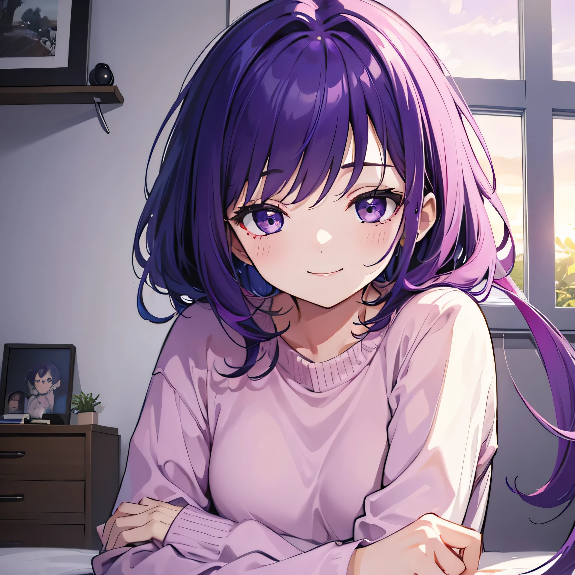 (T Masterpiece，4k wallpaper，Best Quality))、((girl１people))、(solo)、Bright and Brilliant，(Purple Hair)、(Shortcuts:1.3)、smile、Bedroom、sweater、morning