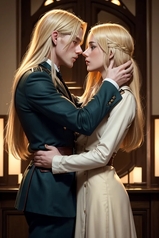 blonde man long hair soldier and blonde hair woman prostitute who are a couple of emotional and passionate lovers put them in a suguente pose 1920