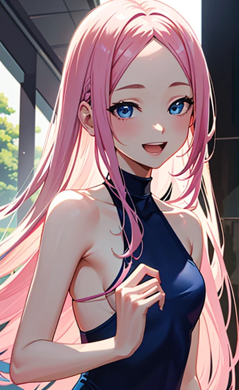 (masterpiece:1.4、top-quality、illustration:1.4,realistic、)、(character focus、breast focus,upper body:1.3)、(1girl),(Open mouth happy smile:1.3),(half closed eyes),cute face,blue eyes、()、
,(stand:1.4),(Shining smile),
,(slender),(high neck halter swimsuit:1.3),(pink long hair:1.6,forehead:1.3), (small breasts:1.3)、
、slender、pool,、