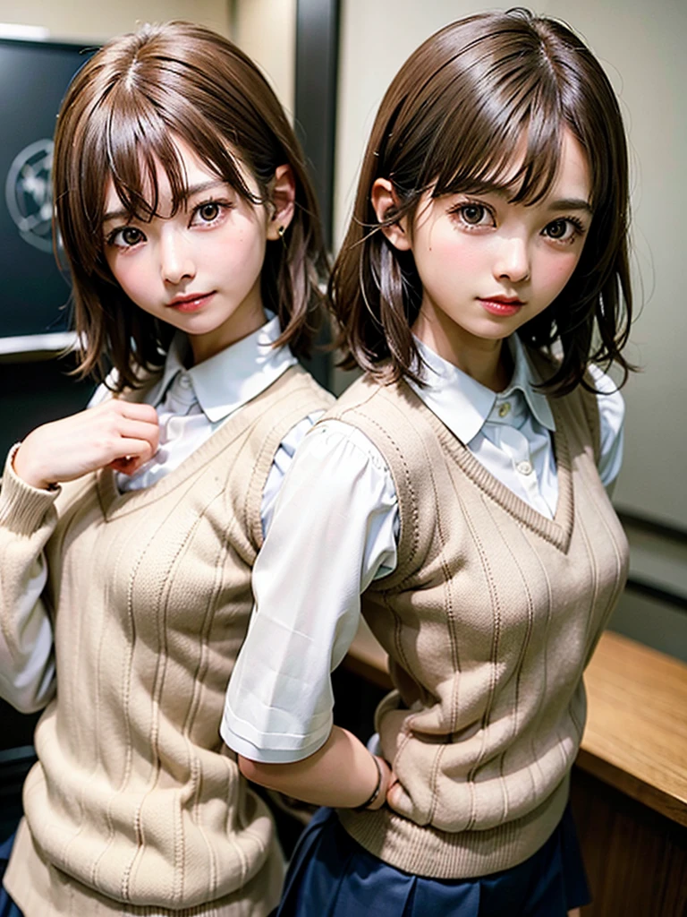 Masterpiece, Top Quality, Top Mikoto, brown eyes, short hair, small breasts, looking at viewer, alone, closed mouth, collared shirt, beige knit vest, dark blue  Skirt, school_uniform, shirt, white_shirt, classroom,Masterpiece, highest quality, 8K, detailed skin texture, fine cloth texture, beautiful detailed face, intricate details, super detailed,cute,cute posing,composition that shows the whole body,