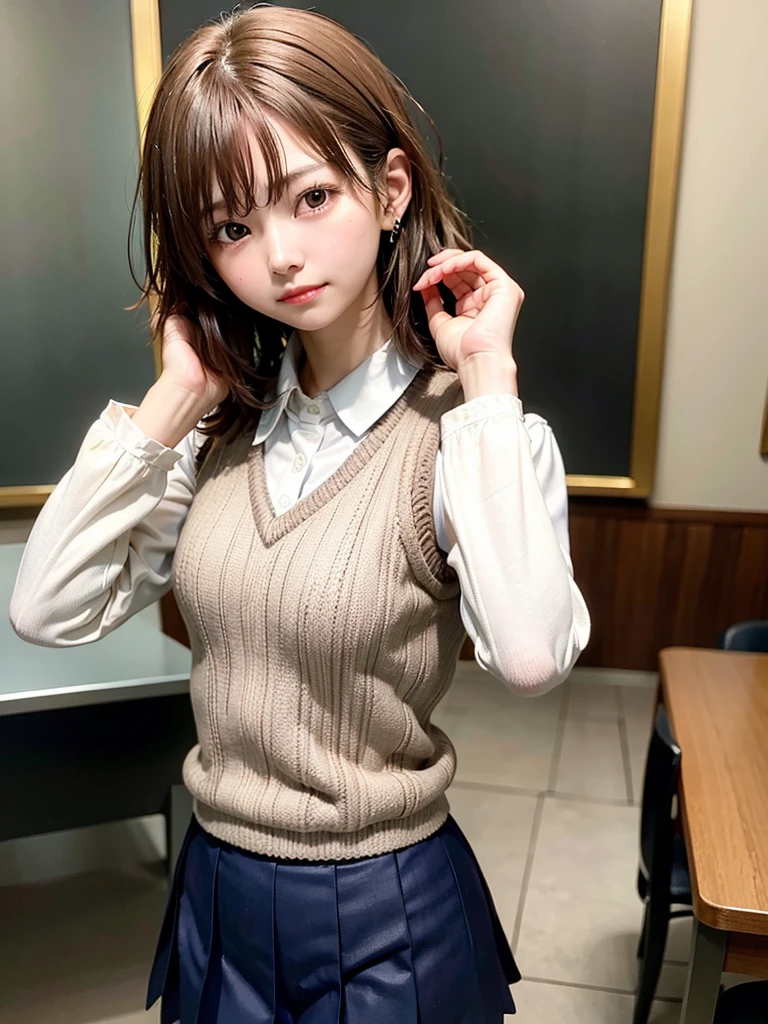 Masterpiece, Top Quality, Top Mikoto, brown eyes, short hair, small breasts, looking at viewer, alone, closed mouth, collared shirt, beige knit vest, dark blue  Skirt, school_uniform, shirt, white_shirt, classroom,Masterpiece, highest quality, 8K, detailed skin texture, fine cloth texture, beautiful detailed face, intricate details, super detailed,cute,cute posing,composition that shows the whole body,