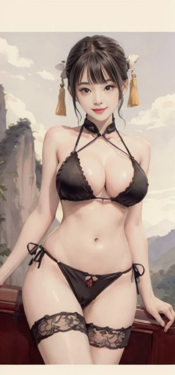 (masterpiece, highest quality: 1.2), (Traditional Chinese Landscape Painting、watercolor), (The steep mountains of Huangshan in China々々々々々々々He painted a landscape、watercolor)One Girl,(Large Breasts、big 、big 房、big Tits) Exquisitely embroidered Chinese costume ,Decorative micro bikini ,(Cleavage exposure、Expose your arms、Navel exposure、Exposed thighs)Garter Stockings、 (smile), Looking at the audience,