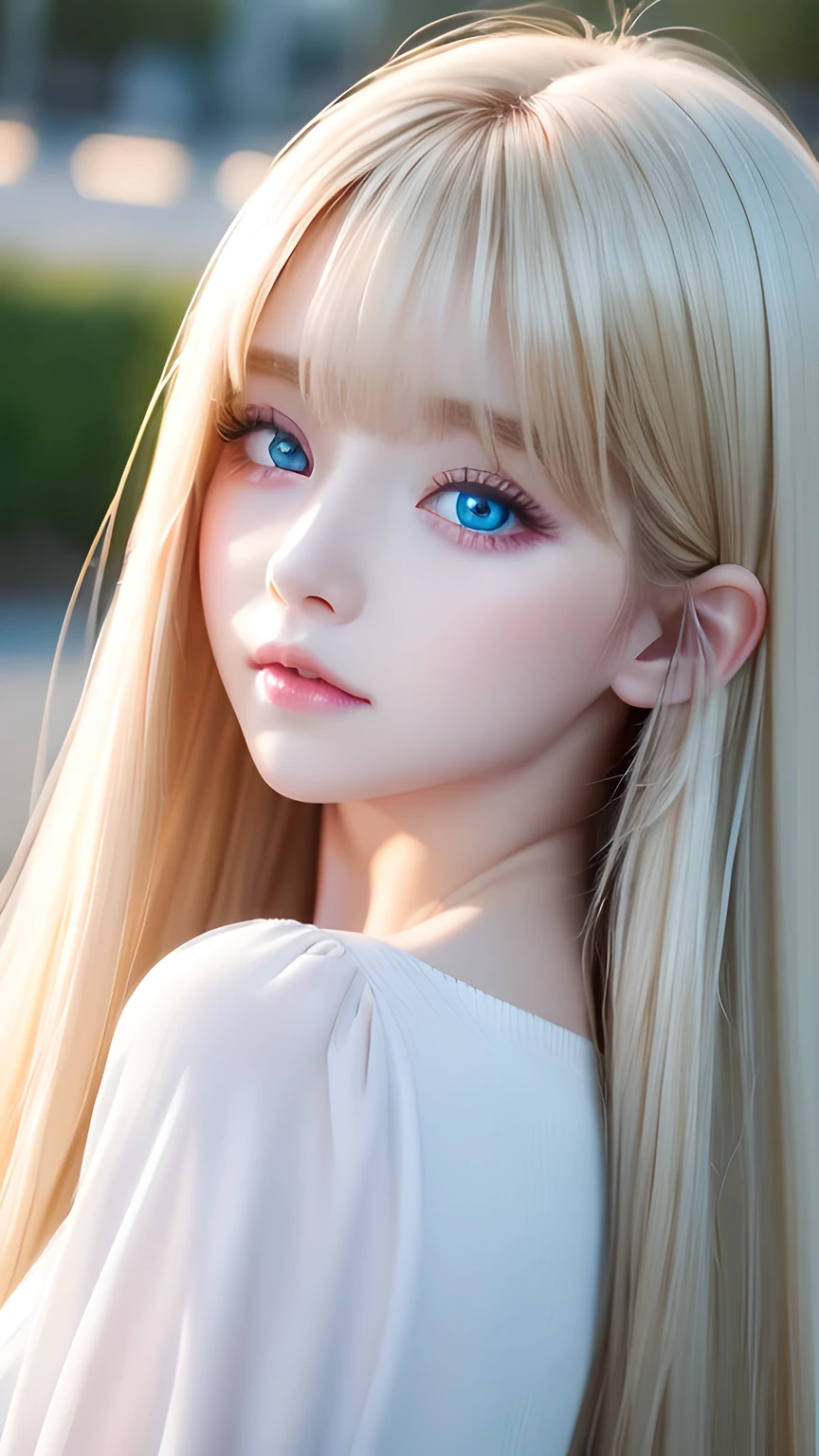 highest quality、Ultra-high resolution、(Photorealistic:1.4)、(ulzzang-6500:1.0)、Blonde super long straight silky hair、Very beautiful bright and shining pale sky blue big eyes、bangs over eyes、