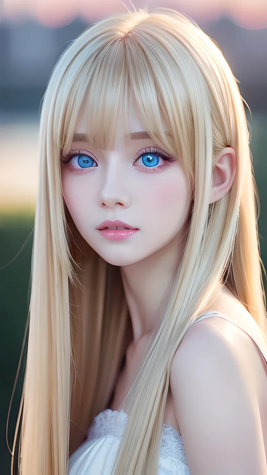 highest quality、Ultra-high resolution、(Photorealistic:1.4)、(ulzzang-6500:1.0)、Blonde super long straight silky hair、Very beautiful bright and shining pale sky blue big eyes、bangs over eyes、