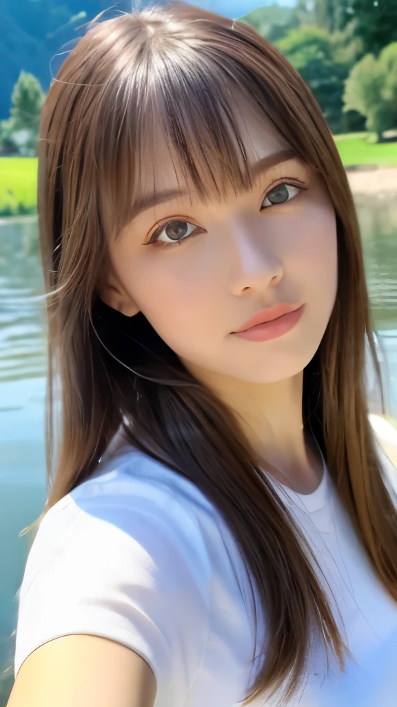 Best quality, 8k,  ,Masterpiece :1.3)), facing viewer,((full body1.2)) ,pretty woman, wide shot ,1girl, , selfie   , , Lake, brown hair  , bangs,ultra-detailed face, highly detailed lips, detailed eyes, double eyelid