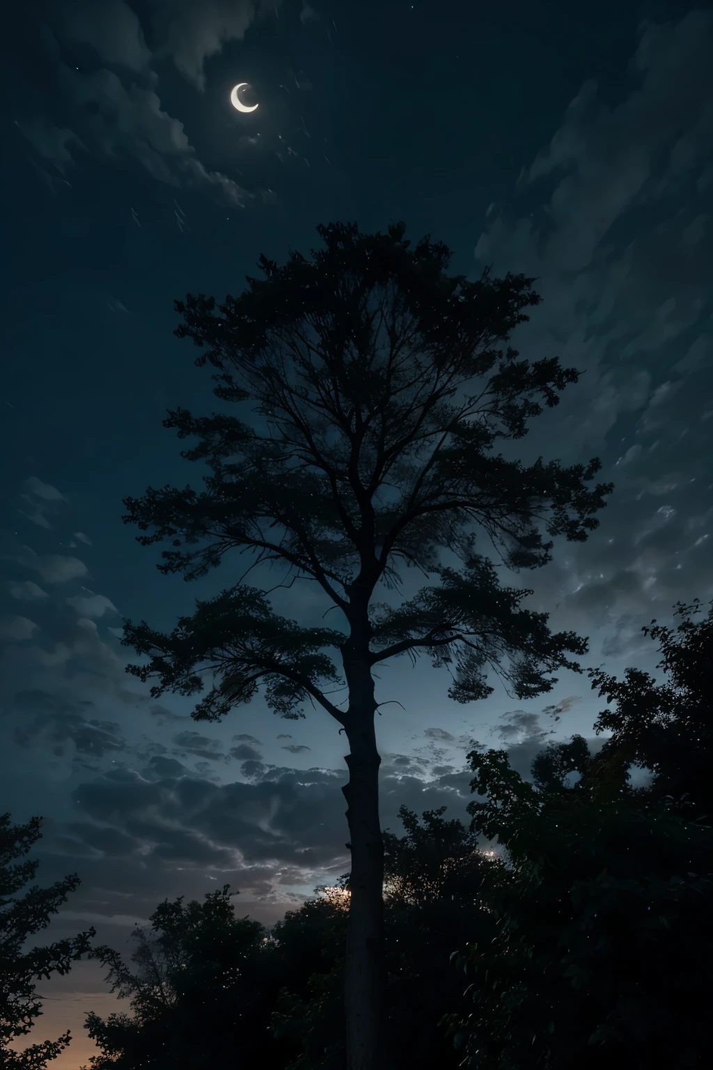 night moon, clouds, branches of trees with leaves, dark night, high in detail, remove artifitial image