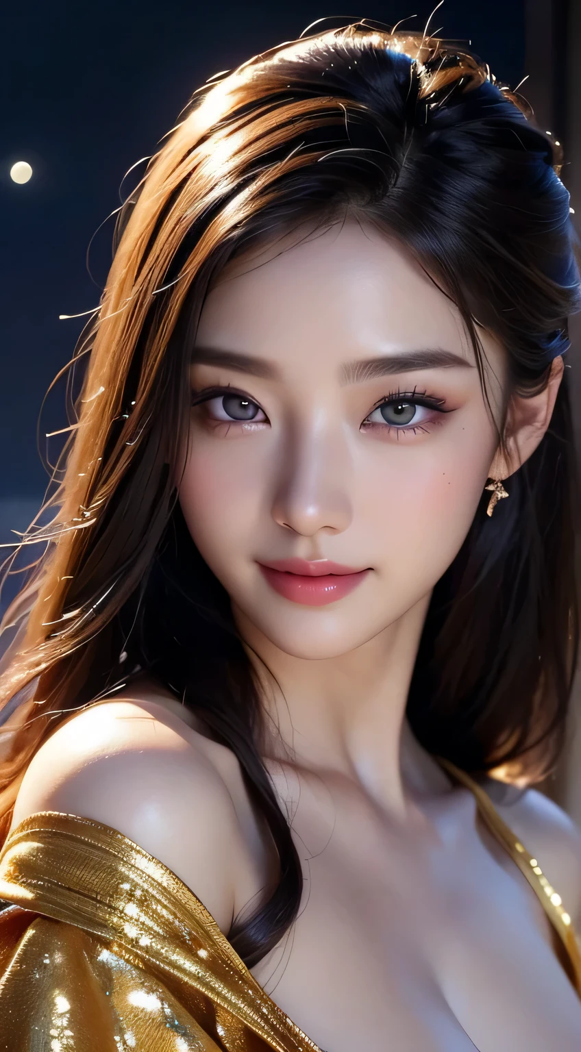 Beautiful woman in kimono，body portrait、8k，fine and beautiful eyes，Dindal effect、masterpiece, 最high quality, high quality, High resolution、very detailed photos、(natural skin texture、fine skin、hyper realism、Super sharpness)、high detail skin、(very detailed、fine skin texture、intricate details、beautiful face、(lifelike face)、realistic eyes、beautiful and detailed eyes、real looking skin、beautiful skin、surreal、very detailed、golden ratio、with smiling eyes、((night moonlight background))、body portrait、G cup、big breasts,glamorous,shiny bodysuit