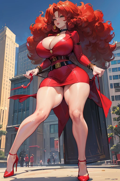 (masterpiece), best quality, expressive eyes, perfect face, (city background), (walking), (full body view), (ms bellum), (1girl, jennifer lopez face, latina, dark skin, tanned skin, red hair, freckles, long curly hair, green eyes, hourglass figure, thick body, curvy body, large breasts, huge breasts, oppai, wide hips, big butt, thick thighs, red fingernails, red suit jacket, red skirt, red heels, black waist belt, jewelry, red lips),