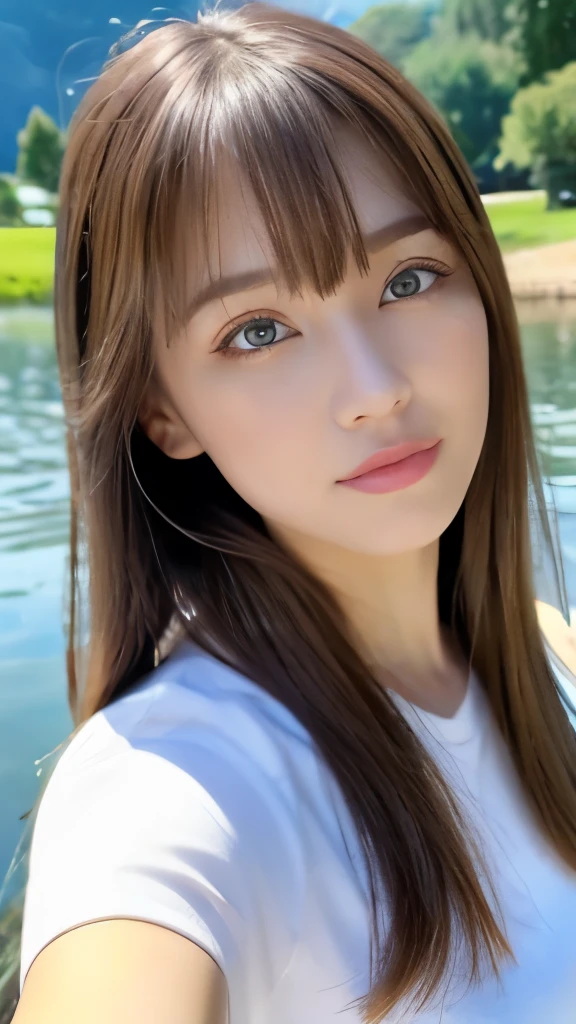 Best quality, 8k, ,Masterpiece :1.3)), facing viewer,((full body1.2)) ,pretty woman, wide shot ,1girl, , selfie , , Lake, brown hair , bangs,ultra-detailed face, highly detailed lips, detailed eyes, double eyelid