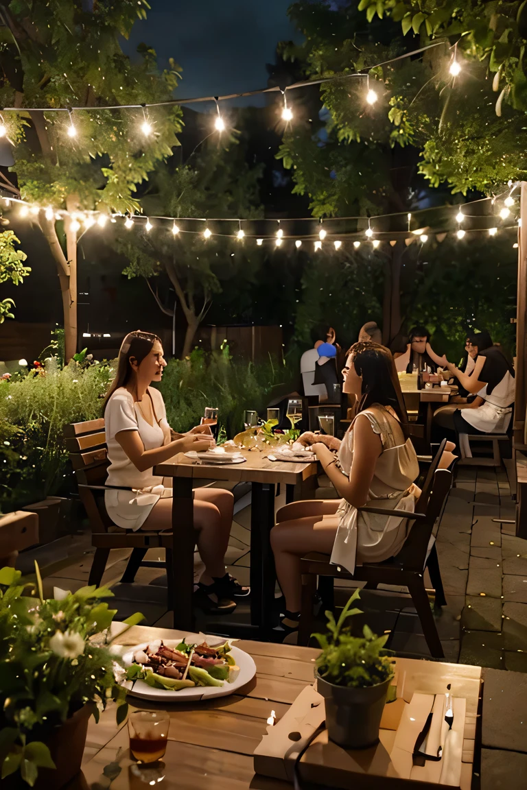realistic restaurant with garden and birtday party in it