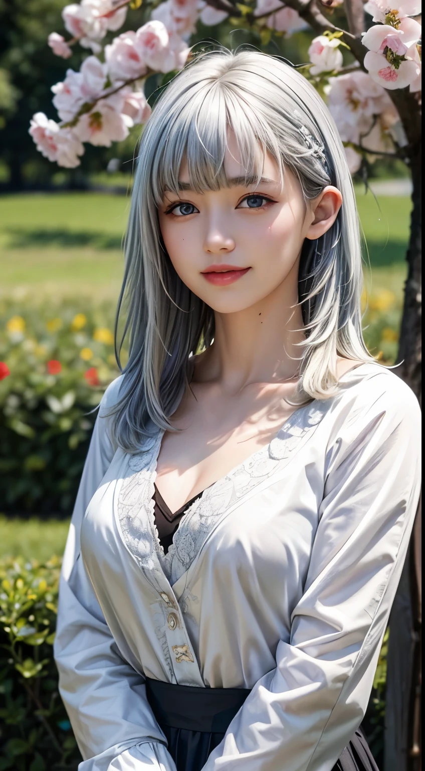 highest quality,High resolution,Very detailed,Realistic,photoRealistic:1.37,Portraiture, Are standing,Flower Field,Silver Hair,smileの女性,Close up on abs, ((Medium Breast)), Beautiful fine details,Beautiful lip detail,flower petals in the air, Vibrant colors,Studio Lighting,Soft sunlight, smile, White shirt, Black Skirt