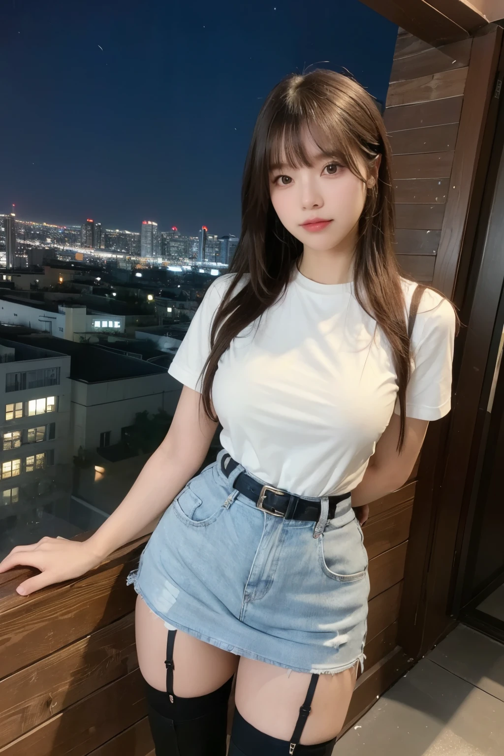 ((Midnight, highest quality, 8k, masterpiece :1.3)), whole body, Long legs, Sharp focus :1.2, Beautiful woman with perfect figure :1.4, Slim Abs :1.1, ((Dark brown hair, Big Breasts :1.2)), (White tight T-shirt, Jean Bib, Are standing:1.2), ((Night city view, rooftop:1.3)), Very detailedな顔と肌の質感, Fine grain, Double eyelids one girl,highest quality,masterpiece,figure,Very delicate and beautiful,CG,Unity,8k wallpaper,wonderful,In detail,masterpiece,Official Art,Very detailed CG Unity 8k wallpaper,Incredibly absurd,Large file size,Very detailedな,High resolution,Very detailed,Beautiful detailed girl,Realistic,from the front,Outdoor, suspenders Large swollen breasts Black mini skirt garter belt Knee-high socks bangs Beauty Hands up Black boots one person Dress shirt Hands Behind Back put your hands behind your back With your hands behind your back Armament holster A room at the Belt Hotel Bed Wall side