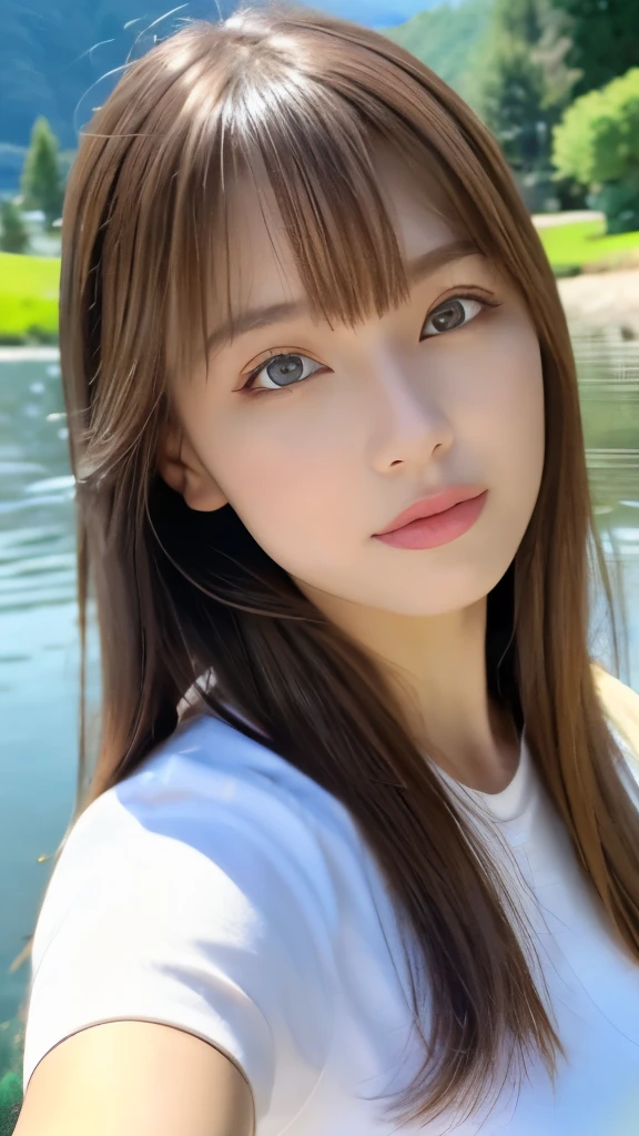 Best quality, 8k,  ,Masterpiece :1.3)), facing viewer,((full body1.2)) ,pretty woman, wide shot ,1girl, , selfie   , , Lake, brown hair  , bangs,ultra-detailed face, highly detailed lips, detailed eyes, double eyelid