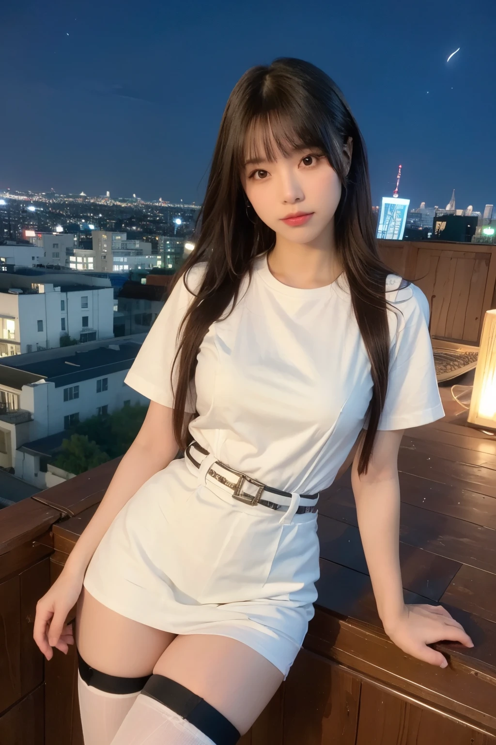 ((Midnight, highest quality, 8k, masterpiece :1.3)), whole body, Long legs, Sharp focus :1.2, Beautiful woman with perfect figure :1.4, Slim Abs :1.1, ((Dark brown hair, Big Breasts :1.2)), (White tight T-shirt, Jean Bib, Are standing:1.2), ((Night city view, rooftop:1.3)), Very detailedな顔と肌の質感, Fine grain, Double eyelids one girl,highest quality,masterpiece,figure,Very delicate and beautiful,CG,Unity,8k wallpaper,wonderful,In detail,masterpiece,Official Art,Very detailed CG Unity 8k wallpaper,Incredibly absurd,Large file size,Very detailedな,High resolution,Very detailed,Beautiful detailed girl,Realistic,from the front,Outdoor, suspenders Large swollen breasts Black mini skirt garter belt Knee-high socks bangs Beauty Hands up Black boots one person Dress shirt Hands Behind Back put your hands behind your back With your hands behind your back Armament holster A room at the Belt Hotel Bed Wall side