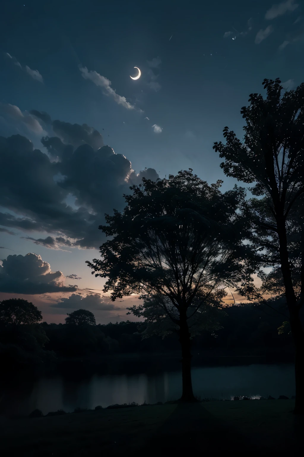 night moon, clouds, branches of trees with leaves, dark night, high in detail, remove artifitial image