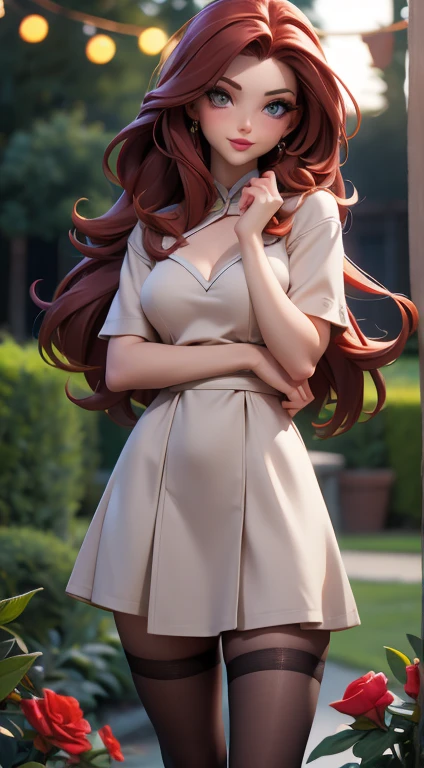 (best quality,4k,highres,masterpiece:1.2),ultra-detailed,realistic,photorealistic:1.37,portrait,dark background,brunette woman,21 years old,thin and small,elegant light gray dress,red hair,bright red lipstick,beautiful detailed eyes,beautiful detailed lips,high stocking,full body,garden in the night,soft lighting,serene atmosphere,vivid colors,bokeh
