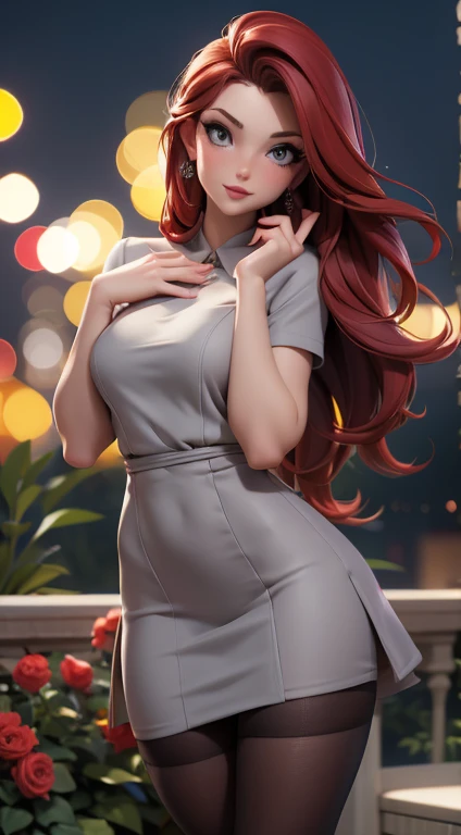 (best quality,4k,highres,masterpiece:1.2),ultra-detailed,realistic,photorealistic:1.37,portrait,dark background,brunette woman,21 years old,thin and small,elegant light gray dress,red hair,bright red lipstick,beautiful detailed eyes,beautiful detailed lips,high stocking,full body,garden in the night,soft lighting,serene atmosphere,vivid colors,bokeh