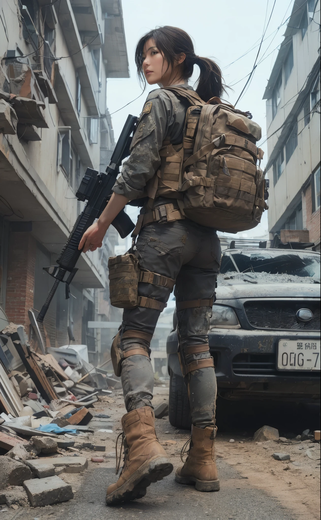 8K, realistic photo, realistic skin texture, Beautiful Japanese women in the US military、Outside a dilapidated building in a back alley、Operation End、Car buried in rubble、Automatic rifle、Bulletproof vest、backpack、boots、Covered in scars、Grim expression、Dynamic pose、Innovative composition、