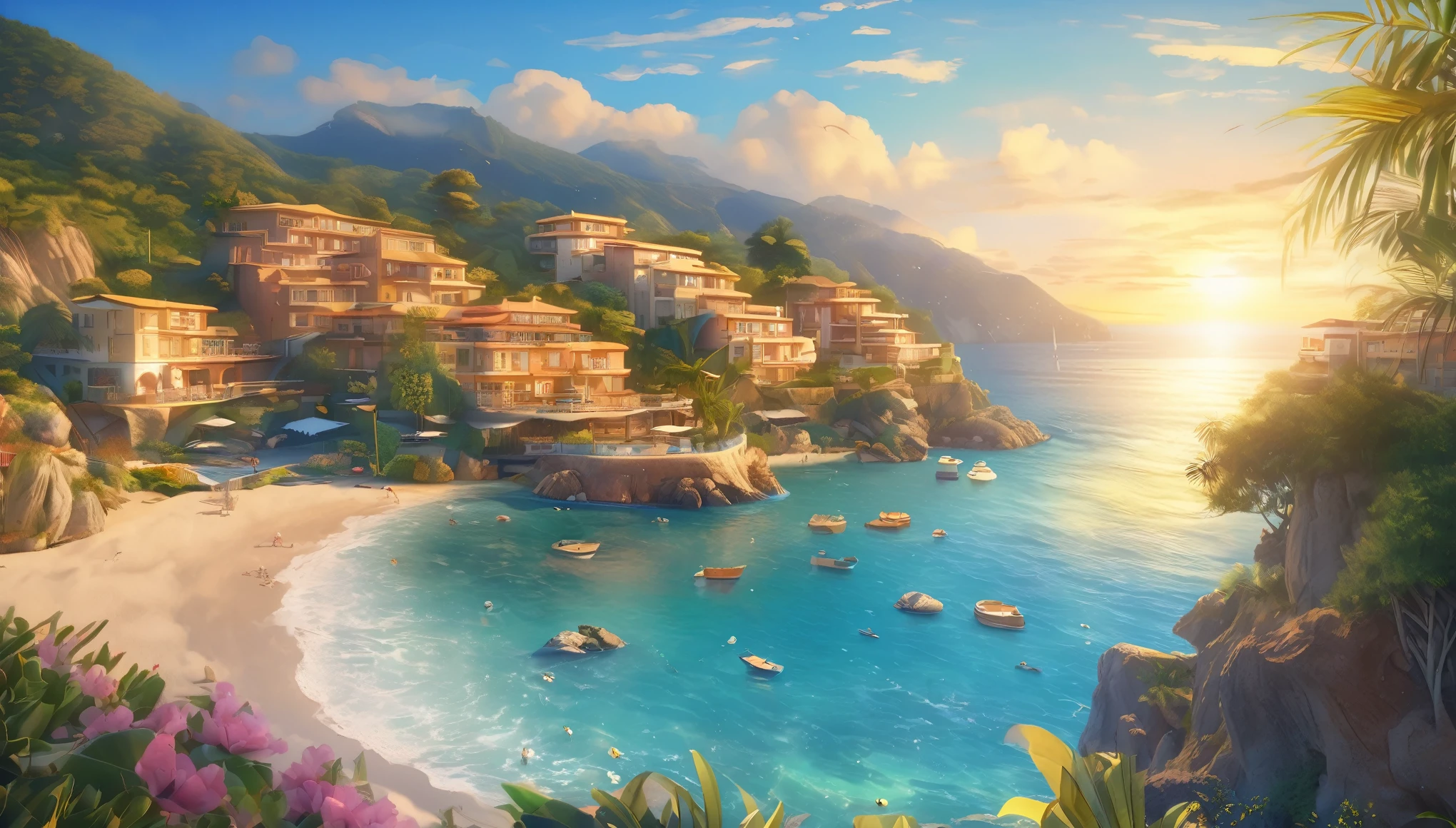 (highest quality、4k、8k、High resolution、Masterpiece: 1.2)、Super detailed、(Real、Photorealistic、Photorealistic: 1.37)、Bright colors、Sharp Focus、HDR、Studio Lighting、Physically Based Rendering、Portrait、landscape、coastline、Beautiful depiction of the sky and sea、Crystal clear sea、Sparkling blue sea、Sparkling golden sand、Blissful waves crashing on the shore、Reminiscent of the French Riviera、A detailed depiction of natural beauty、Elegant and calm atmosphere、Gentle sea breeze、landscapeの完璧な透明度、A stunning colour palette shows off the vibrancy of the coast、Cliffs and mountains々A picturesque background of、Swaying palm trees add a tropical touch、Luxurious beachfront villas in the background、Seagulls soaring in the clear sky、大自然を満喫するコートダジュール風の海岸landscapeの静けさと美しさ