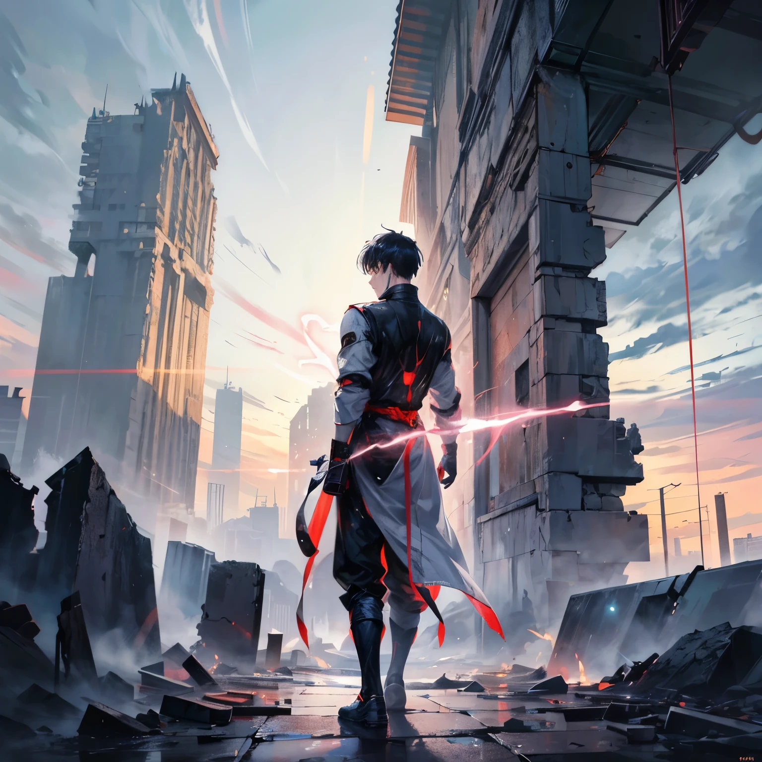 Boys,Back,Powerful aura,There is an arc flash on the body,Back,Standing on the ruins,The person stands in the middle of the picture,The size is about one ninth of the entire painting.,Demonstrates strong control over the elements,But I can't see the face,只有Back,Do not look back,looking up and forward