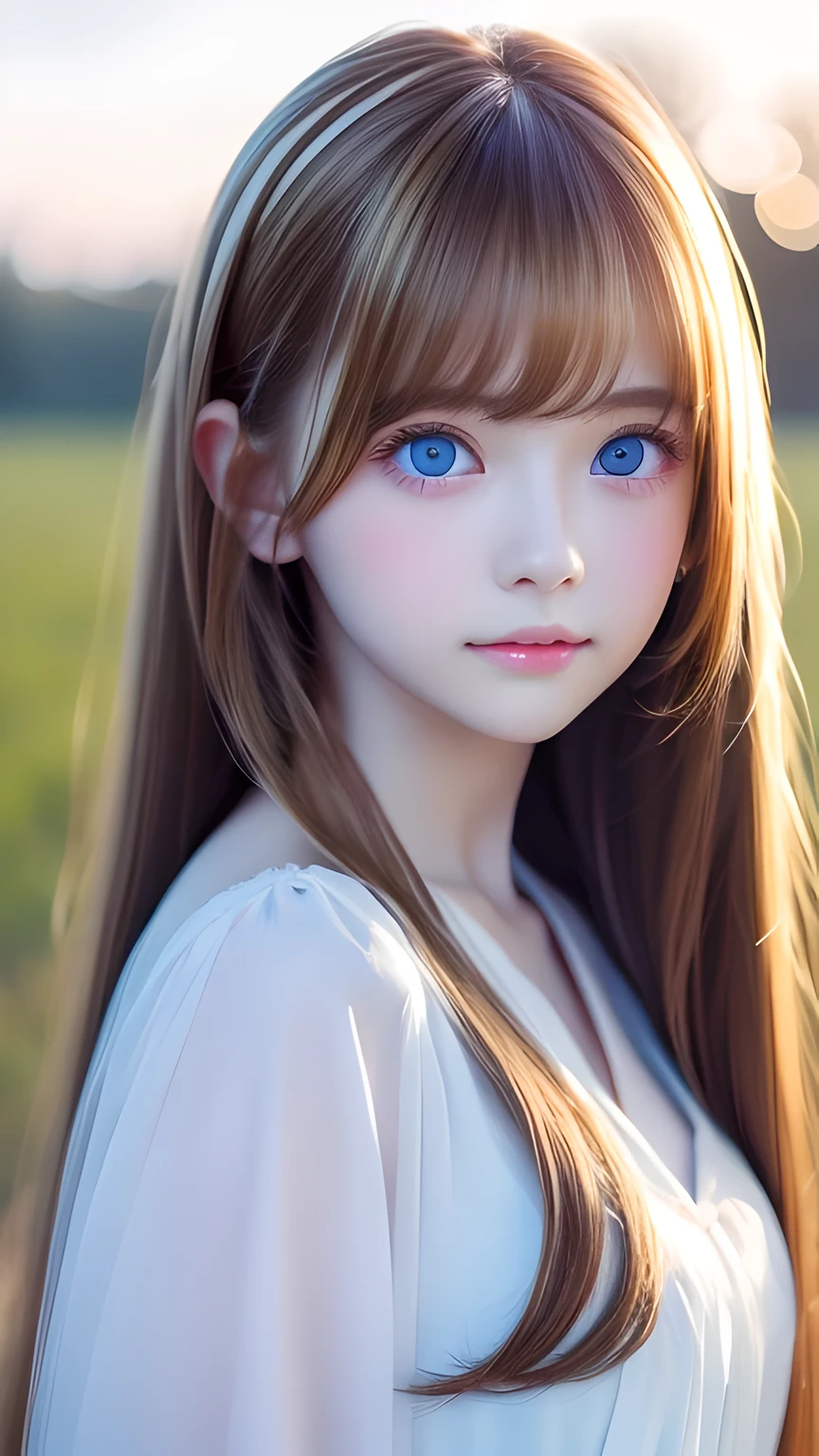 highest quality、Ultra-high resolution、(Photorealistic:1.4)、(ulzzang-6500:1.0)、Blonde super long straight silky hair、Very beautiful bright and shining pale sky blue big eyes、bangs over eyes、
