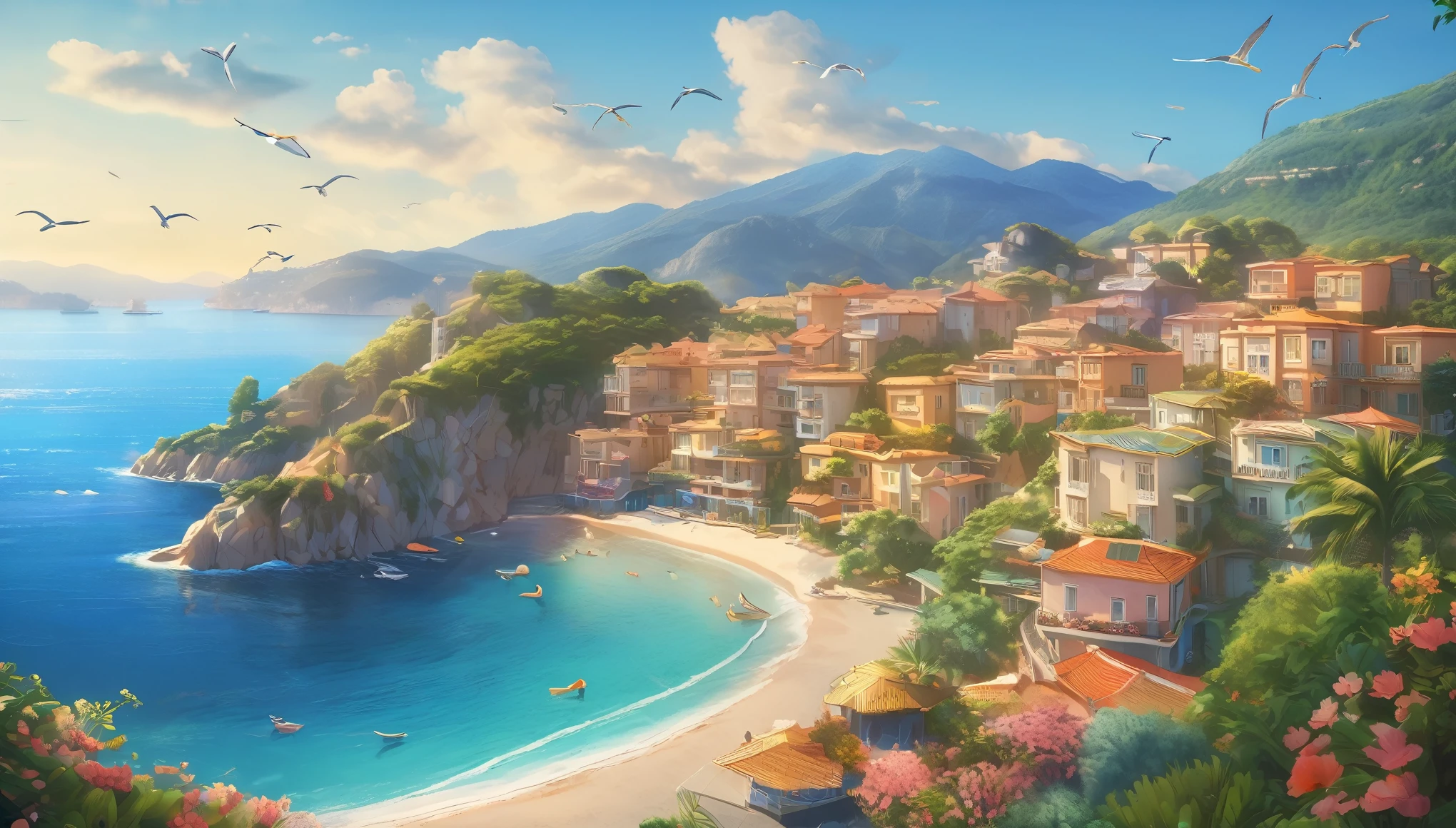 (highest quality、4k、8k、High resolution、Masterpiece: 1.2)、Super detailed、(Real、Photorealistic、Photorealistic: 1.37)、Bright colors、Sharp Focus、HDR、Studio Lighting、Physically Based Rendering、Portrait、landscape、coastline、Beautiful depiction of the sky and sea、Crystal clear sea、Sparkling blue sea、Sparkling golden sand、Blissful waves crashing on the shore、Reminiscent of the French Riviera、A detailed depiction of natural beauty、Elegant and calm atmosphere、Gentle sea breeze、landscapeの完璧な透明度、A stunning colour palette shows off the vibrancy of the coast、Cliffs and mountains々A picturesque background of、Swaying palm trees add a tropical touch、Luxurious beachfront villas in the background、Seagulls soaring in the clear sky、大自然を満喫するコートダジュール風の海岸landscapeの静けさと美しさ