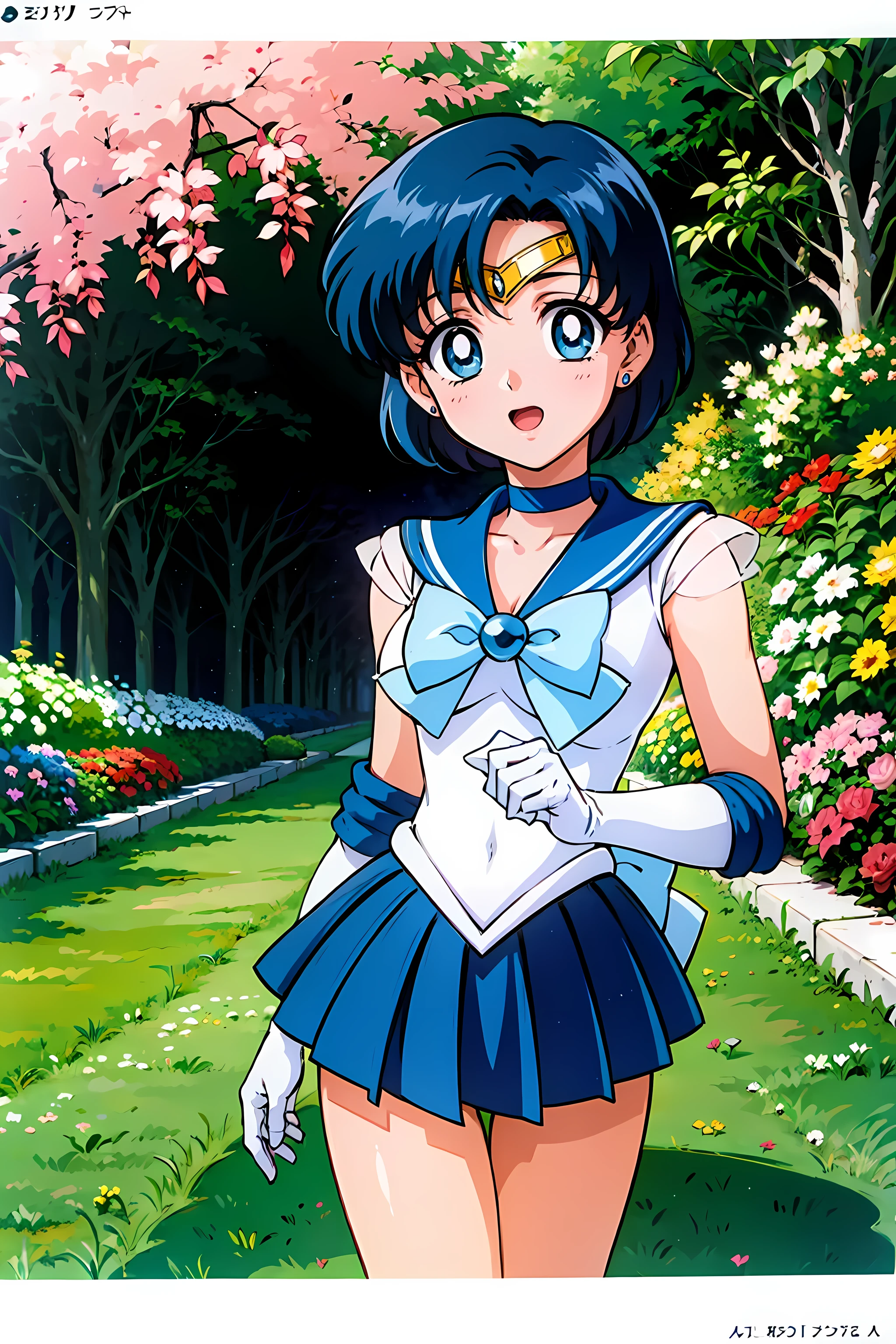 (highest quality:1.3),(ultra-Familiar:1.5),High resolution,extremely Familiar CG,unity 8k wallpaper,Official Art,Familiar,super Familiar skin,Perfect Anatomy,beautiful Familiar eyes,(Anime screenshots:1.11),Very delicate and beautiful,(90s Anime,90s Anime style,cell shaded anime:1.17),1 girl,alone,anmnr,
(mer1,1:1.52)), tiara, Sailor senshi Uniforms, Blue sailor collar, bow, Knee Boots, choker, White gloves, blue choker, elbow gloves, jewelry, Earrings, Blue Skirt,
((garden :1.2)),At dusk, ((Recommended for scenes with strong dark shadows:1.2)), Golden Flower ,Beautiful magic style, intense, Concept Art, Digital Painting,
blush, Open your mouth,Wind lift, Sexy pose, Outdoor,