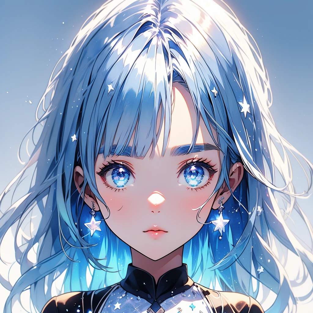 Star Fairy、glow hair 、Vtuber half、Bangs shorter than eyebrows Aster Piece、highest quality、Best illustration、Super fine、Upper Body、solo、1 girl、looking at the camera、upright、Arms at your sides、Beautiful delicate eyes、Concept Art、More frontal、White background、Simple Background、Droopy and large eyes、Ultra-fine mesh、Sparkling Eye Silky White and Blue Gradient Long Hair、Short sleeve、Watercolor pencil、Kind Face、Virtual YouTuber、